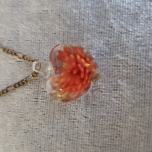 Murano Glass Lampwork Heart Pendant Necklace Orange Flower Gold Tone - Picture 3 of 5